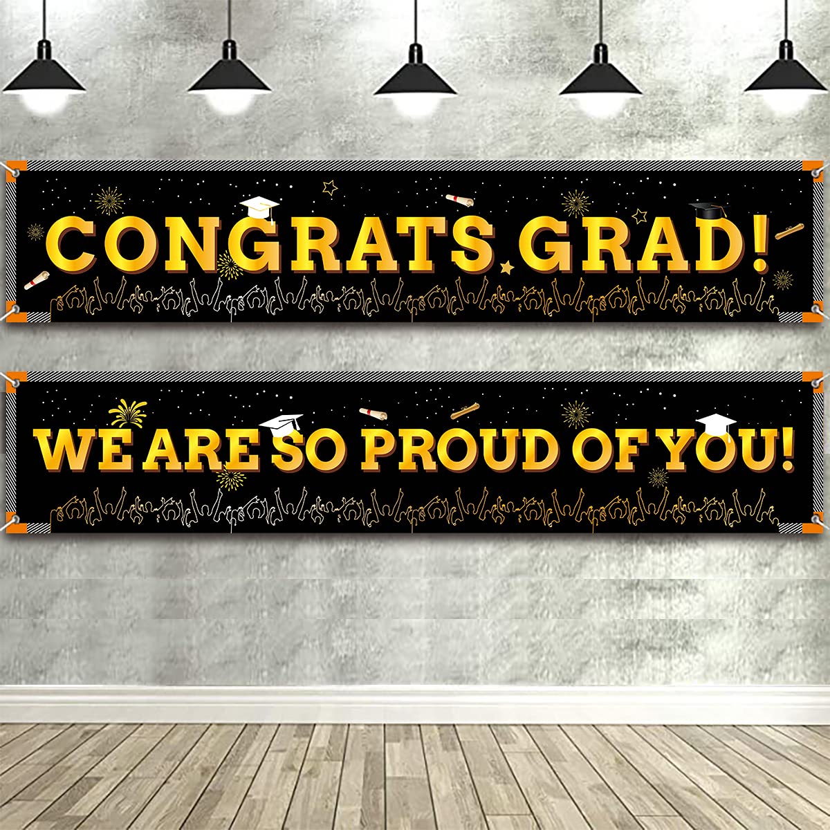 Graduation Party Decoration Banner, 2 PCS Congrats Grad and We are So Proud of You Banner Backdrop Photo Booth Background, Black Gold Graduation Hanging Decorations Supplies, 40 * 210cm
