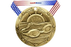 Decade Awards Swimming World Class Medal - 3 Inch Wide Swim Meet Second Place Medallion with Stars and Stripes American Flag V Neck Ribbon
