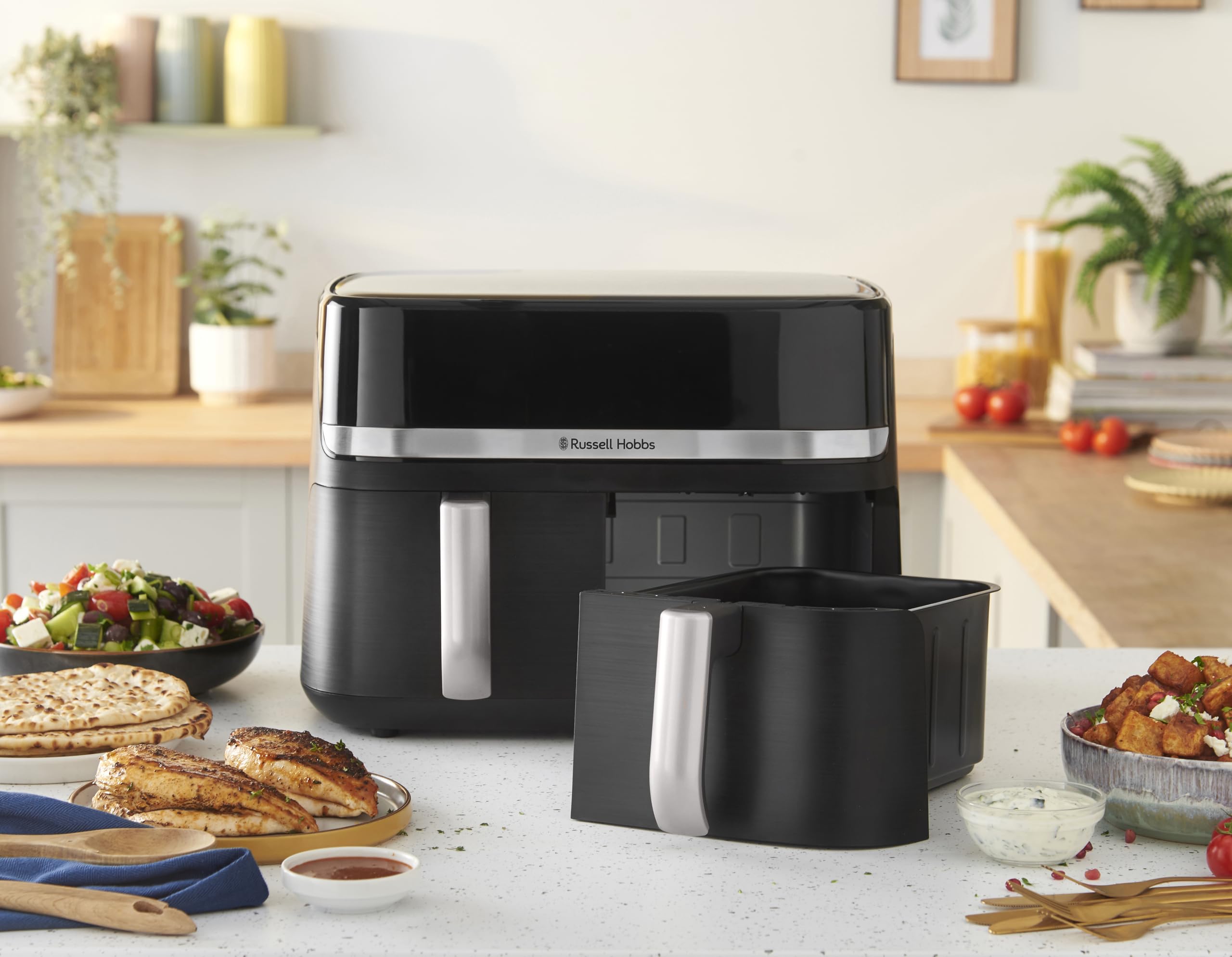 Russell Hobbs Heißluftfritteuse 2 Kammern 9L Rapid AirFryer [2 Fächer je 4,5l, sehr leiser Betrieb, 9 Programme] SatisFry Fritteuse (spülmaschinenfest, Match & Synchronisierungsfunktion) 27681-56 8