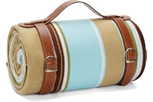 HappyPicnic Picnic Blankets Extra Large - 79"x59" Outdoor Blanket Soft Fleece Beach Mat Waterproof & Sandproof Portable for Family Picnic Concerts Park Travel Grass Blue Brown Stripe