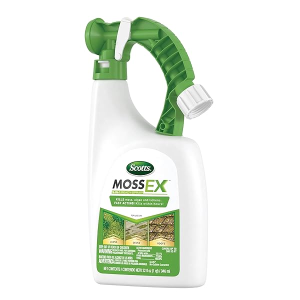 SCOTTS MOSSEX 3-IN-1 READY SPRAY – HOSE-END APPLICATOR, KILLS MOSS, ALGAE AND LICHENS, FAST ACTING MOSS KILLER FOR LAWNS, ROOFS, PATIOS, 32 FL. OZ.