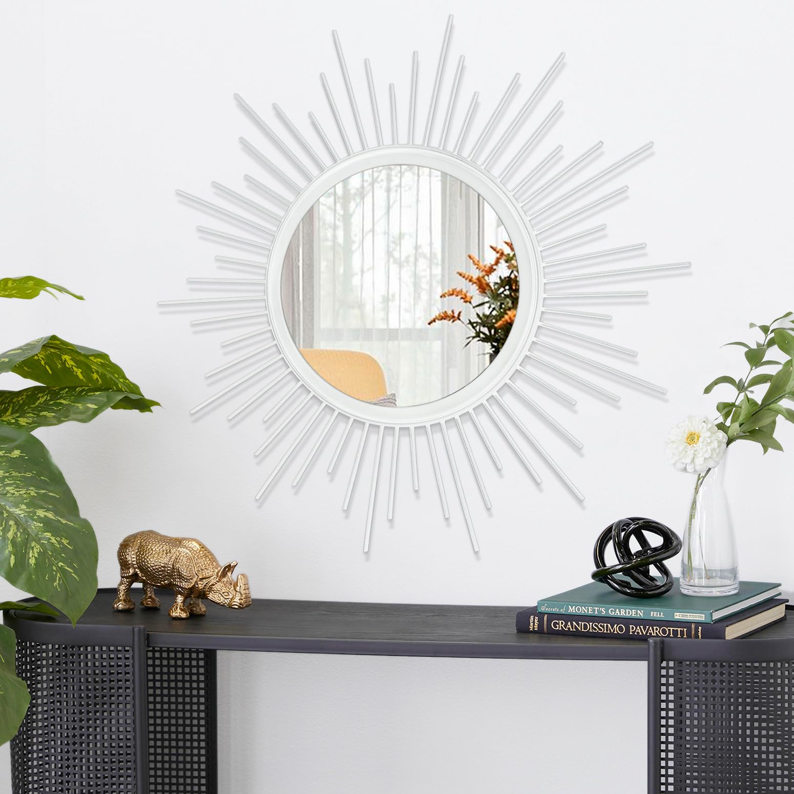 HLFMVWE Mirrors for Wall Sunburst Decor Art Mirror Bohemian Home Round Modern Metal Mirror for Bedroom Living Room Hallway Bathroom Balcony Farmhouse White 60 x 60 cm