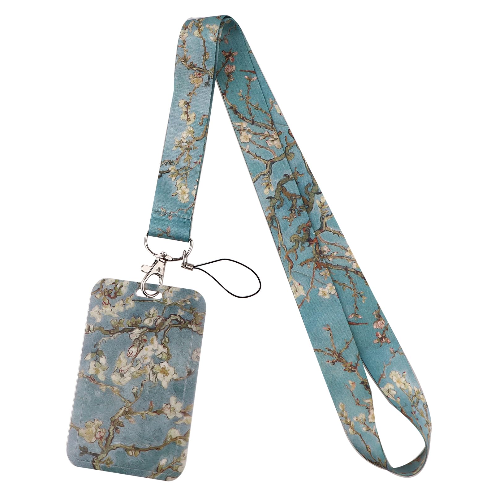 Juanooo Cute Van Gogh ID Card Holder with Lanyard Flower Keychain Neck Lanyard for Keys ID Badges for Women Girls Kids Nurses Cool Cruise Keychain for Ship Cards(Almond Blossom)