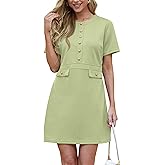 GRECERELLE Women's Summer Short Sleeve Button Crew Neck Elegant Business Work Bodycon Mini Short Dresses