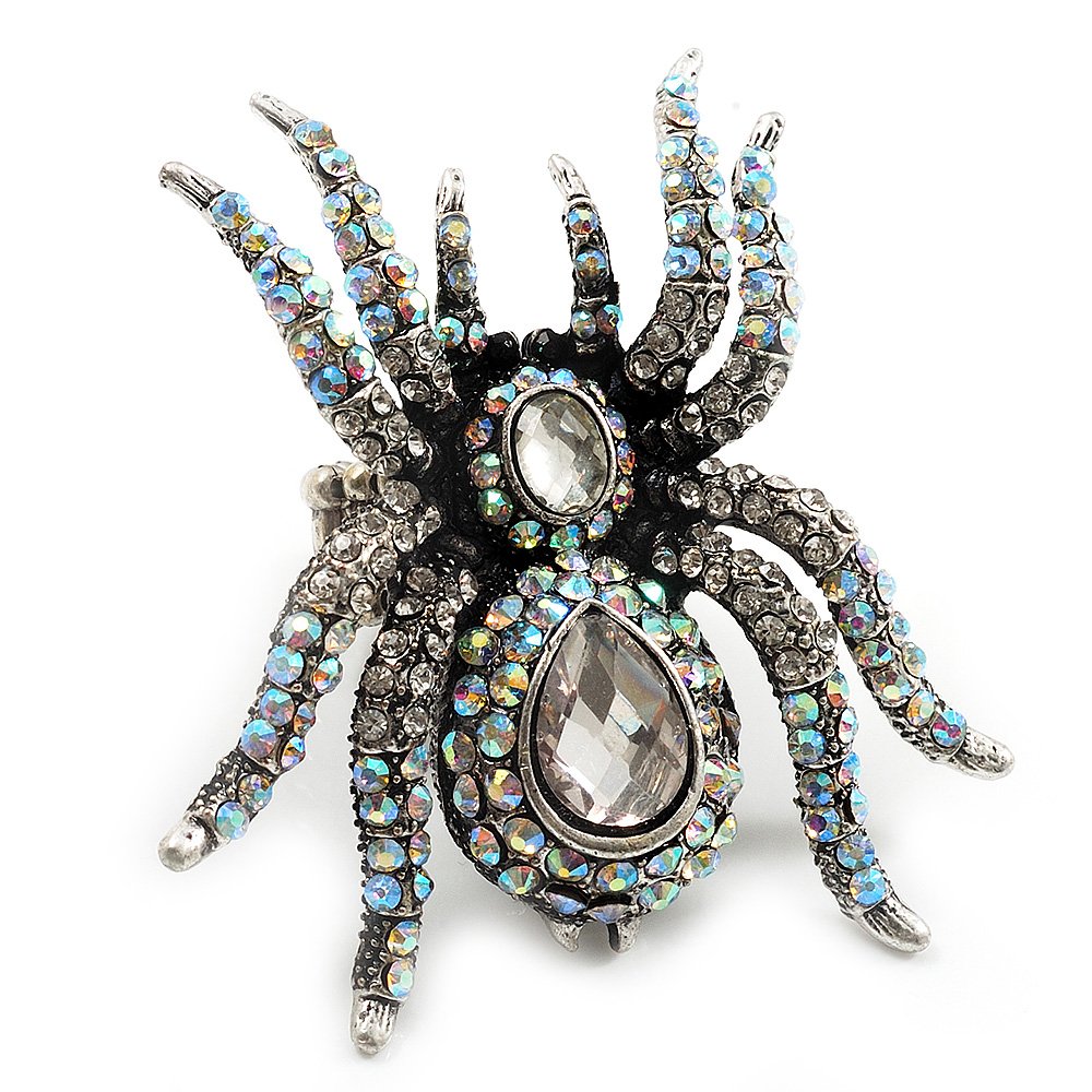 Avalaya Oversized Clear Crystal Spider Stretch Cocktail Ring (Silver Tone)