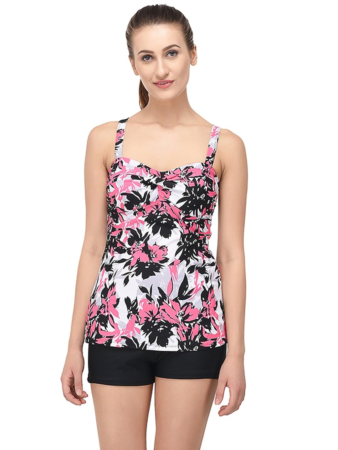 voxati women's rose red floral print tankini withshorts