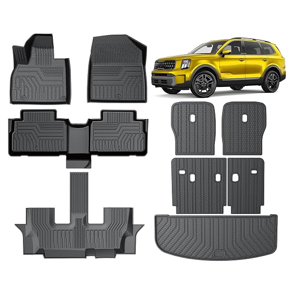 KUST FLOOR MATS SET FOR 2020-2025 KIA TELLURIDE ACCESSORIES (7 SEATS), REAR CARGO TRUNK LINER WITH 2ND/3RD ROW BACKREST KICK MAT ALL WEATHER PROTECTION TPE RUBBER RAISED EDGE, FULL SET OF 9PCS