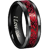 CROWNAL Black Dragon Men Black Tungsten Carbide Ring Wedding Band 6mm 8mm 10mm Red Carbon Fiber Black Celtic Dragon Inlay Engraved I Love You Size 7 to 17