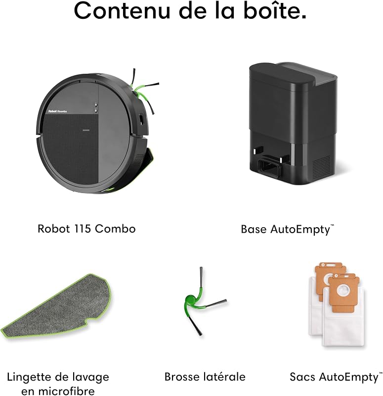 Roomba 115 Combo+Base AutoEmpty - Robot Aspirateur Laveur 2en1 - Puissance d'Aspiration 15KPa - Brosse latérale étendue - Lingette de Lavage déportée - Navigation LiDAR - Noir