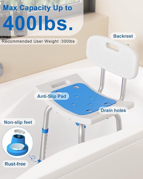 HOMLAND SHOWER CHAIR FOR INSIDE SHOWER WITH REMOVABLE BACK, 400 LBS HEAVY DUTY BATH SEAT FOR BATHTUB, SAFETY BATH STOOL FOR SENIORS AND DISABLED, ALUMINUM ALLOY FRAME