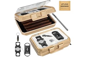 KEJIAR Cigar Humidor Box Portable Cigar Travel Case with Cigar Accessories, Cigar Holder Case with Cigar V Cutter, Cigar Cutter Guillotine, Cigar Punch, Humidity Pack, Airtight Seal Humidors (Light)