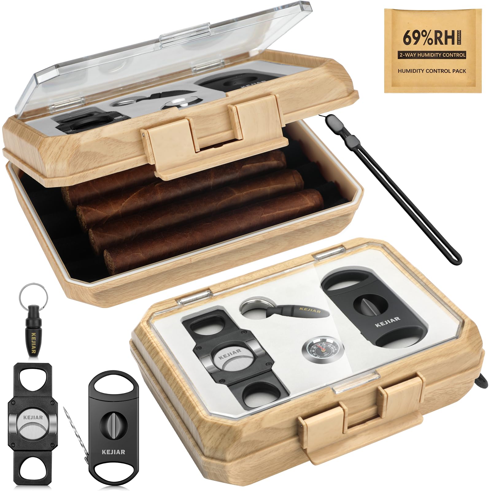 Photo 1 of KEJIAR Cigar Humidor Box Portable Cigar Travel Case with Cigar Accessories, Cigar Holder Case with Cigar V Cutter, Cigar Cutter Guillotine, Cigar Punch, Humidity Pack, Airtight Seal Humidors (Light)