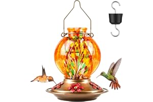 BOLITE Hummingbird Feeder, Hand Blown Glass Hummingbird Feeders for Outdoors Hanging, with Ant Moat and 5 Feeding Ports, 20 Ounces, Meshy Texture Ball Shape Bottle, Orange, Gifts for Women Men