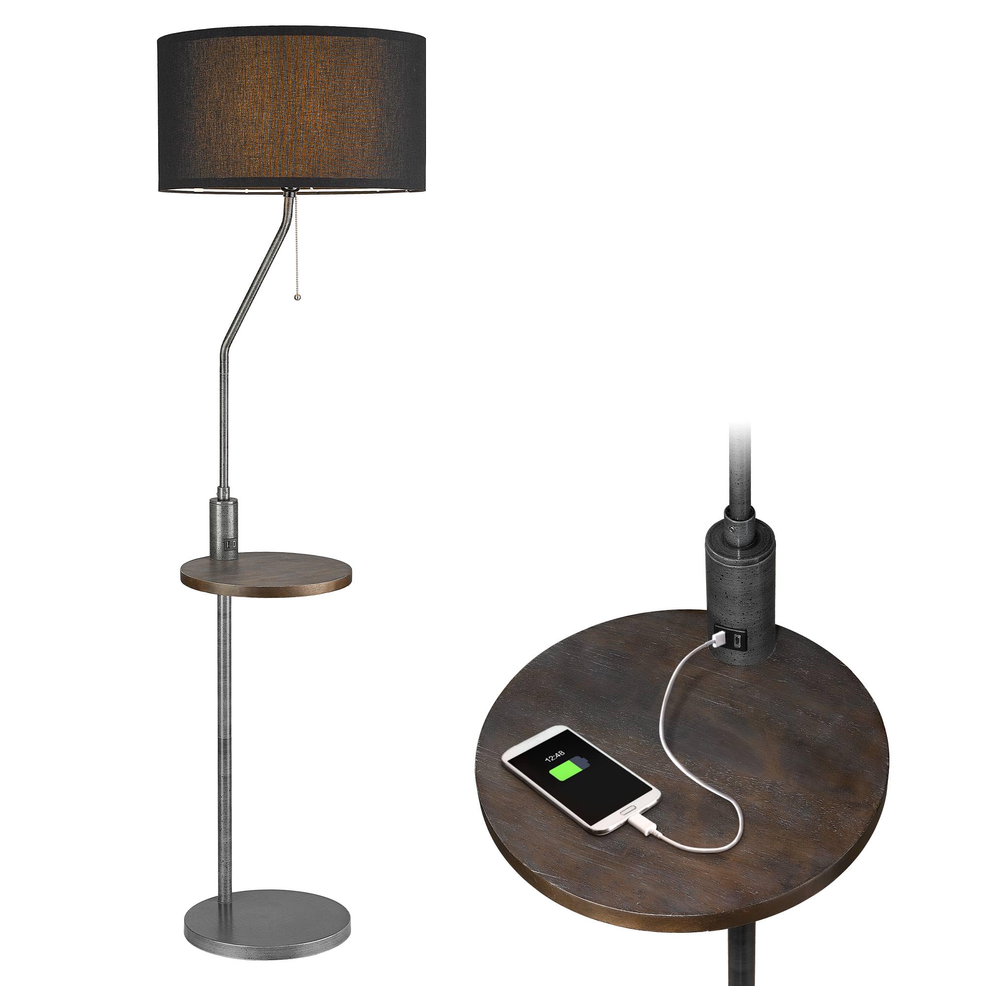 Photo 1 of ELYONA C Shaped End Table Floor Lamp with USB A+C Charging Ports Wood Side Table Modern Reading Light Black Linen Shade Farmhouse Tall Standing Lamp for Living Room Bedroom Office LED Bulb Included
