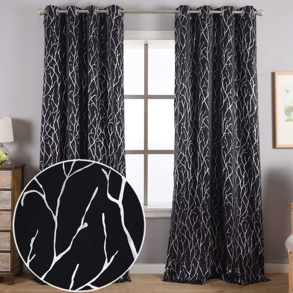 Kotile Blackout Tree Curtains for Living Room Silver Branch