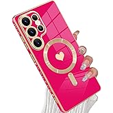 tharlet Magnetic for Samsung Galaxy S25 Ultra Case [Compatible with Magsafe] Cute Love Heart Luxury Plating Gold Edge Bumper with Full Camera Lens with Privacy Screen Protector, Hot Pink (6.9")