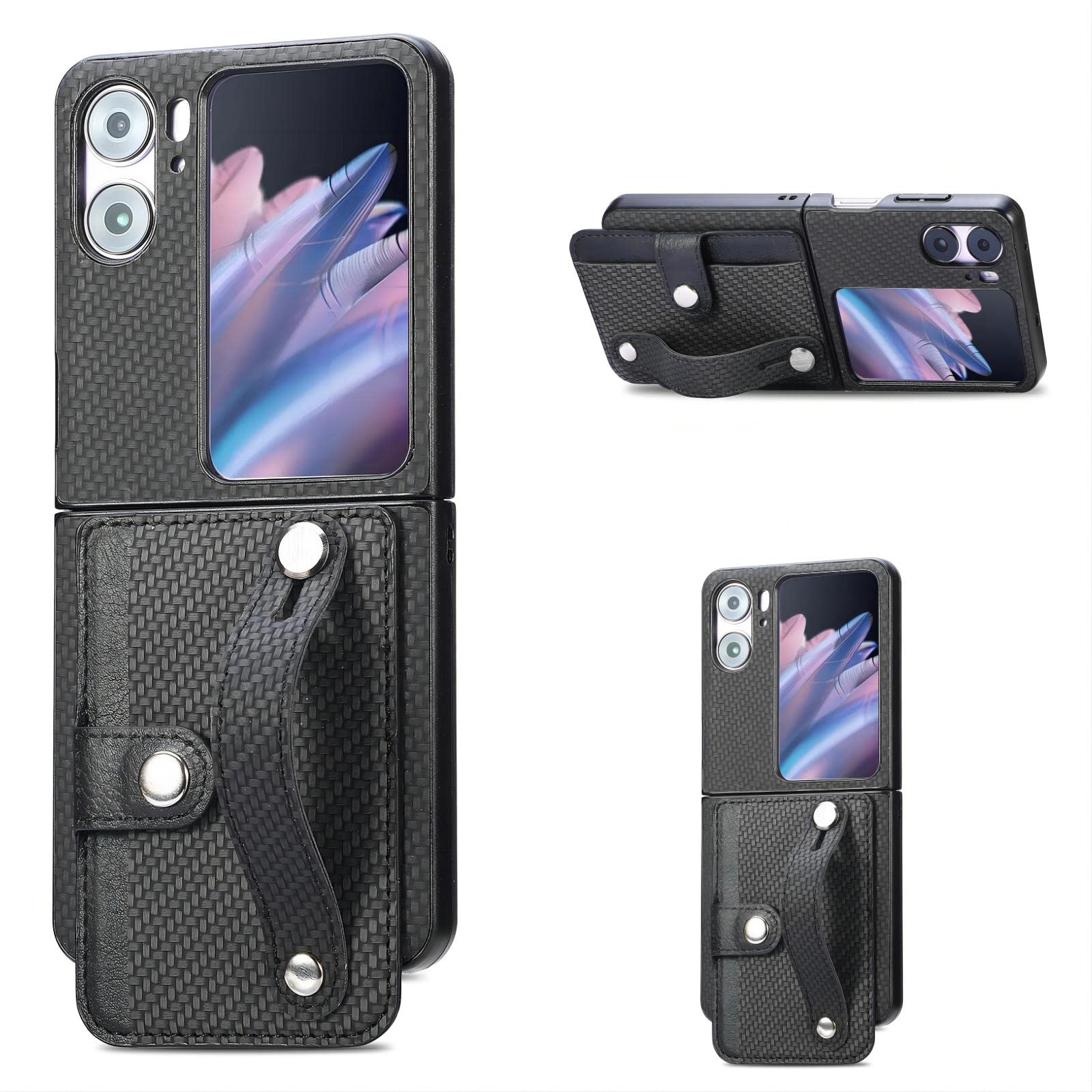 Hülle Case for Find N2 Flip Cover Wristband Stand + Card Holder,Leather Shell for Oppo Find N2 Flip(1)