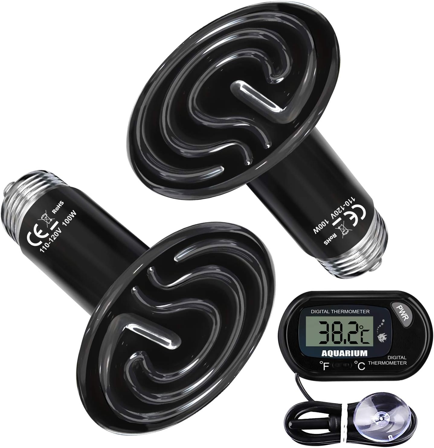 uniwood 2 Pack 100W Ceramic Heat Lamp with 1-pcs Digital-Thermometer, Mini Infrared Ceramic Emitter Heat Lamp Light Bulb for Pet Brooder Coop Chicken Lizard Turtle Snake Aquarium