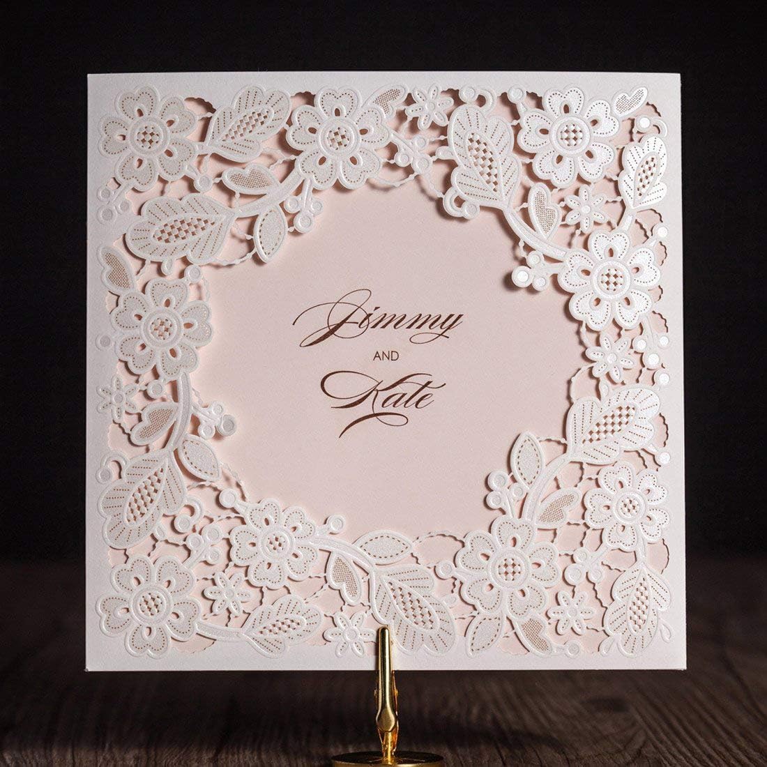 WISHMADE Laser Cut Wedding Invitations Cards Kits with Tri-fold Pink Inner Sheet Printed Engagement Cardstock for Bridal Shower Baby Shower Birthday Quinceanera (White, 100 Pieces)