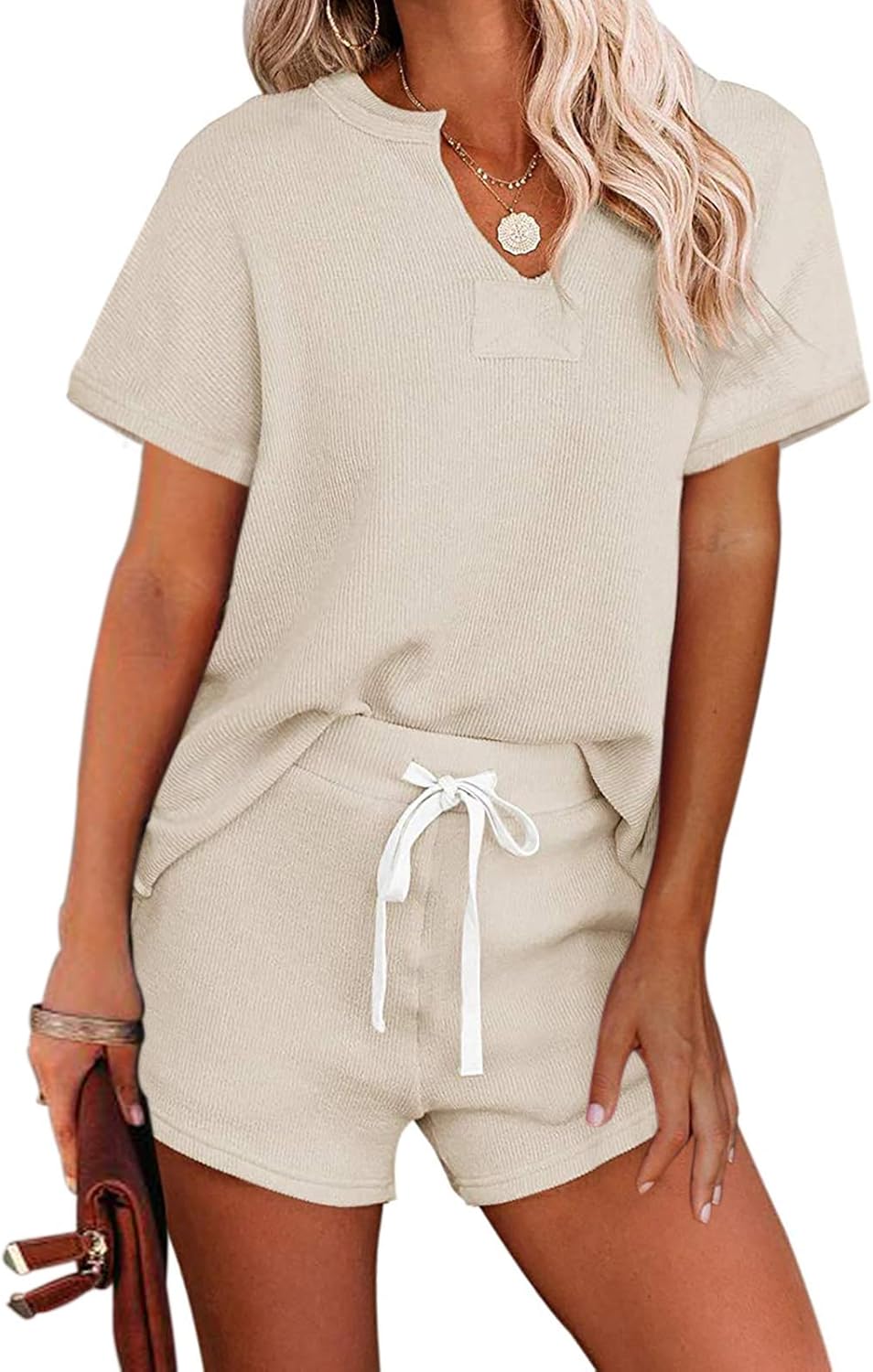 MEROKEETY Women's Long Sleeve Pajama Set Henley Knit Tops and Shorts