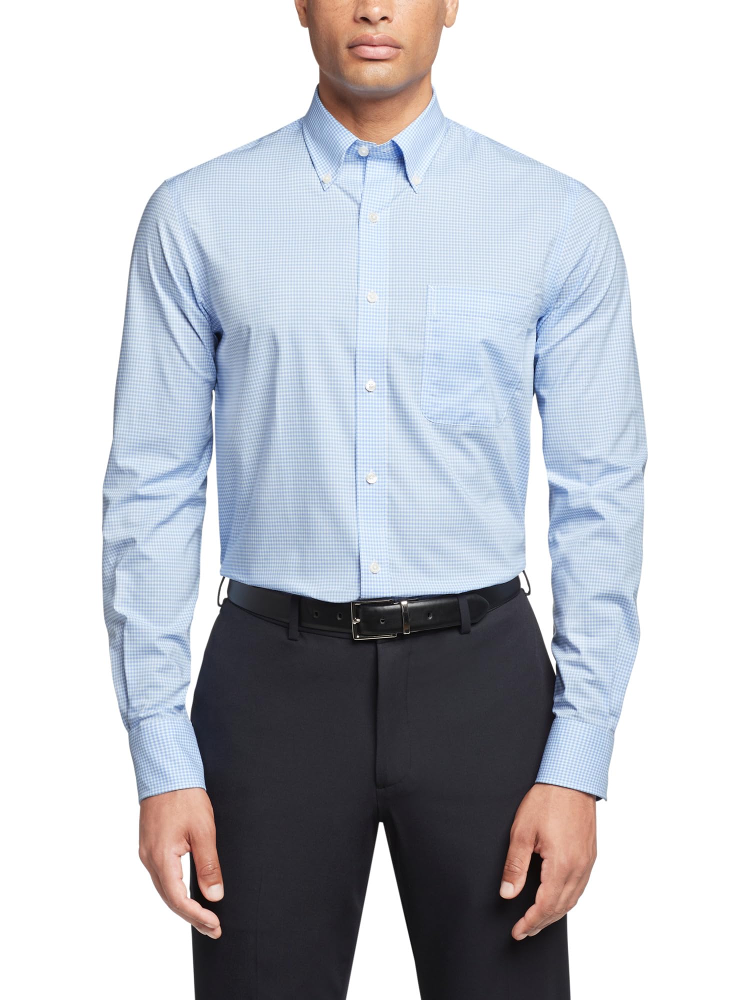 Tommy Hilfiger Men's Dress Shirt Regular Fit Non Iron Gingham, Clear Water, 16.5" Neck 32"-33" Sleeve Image