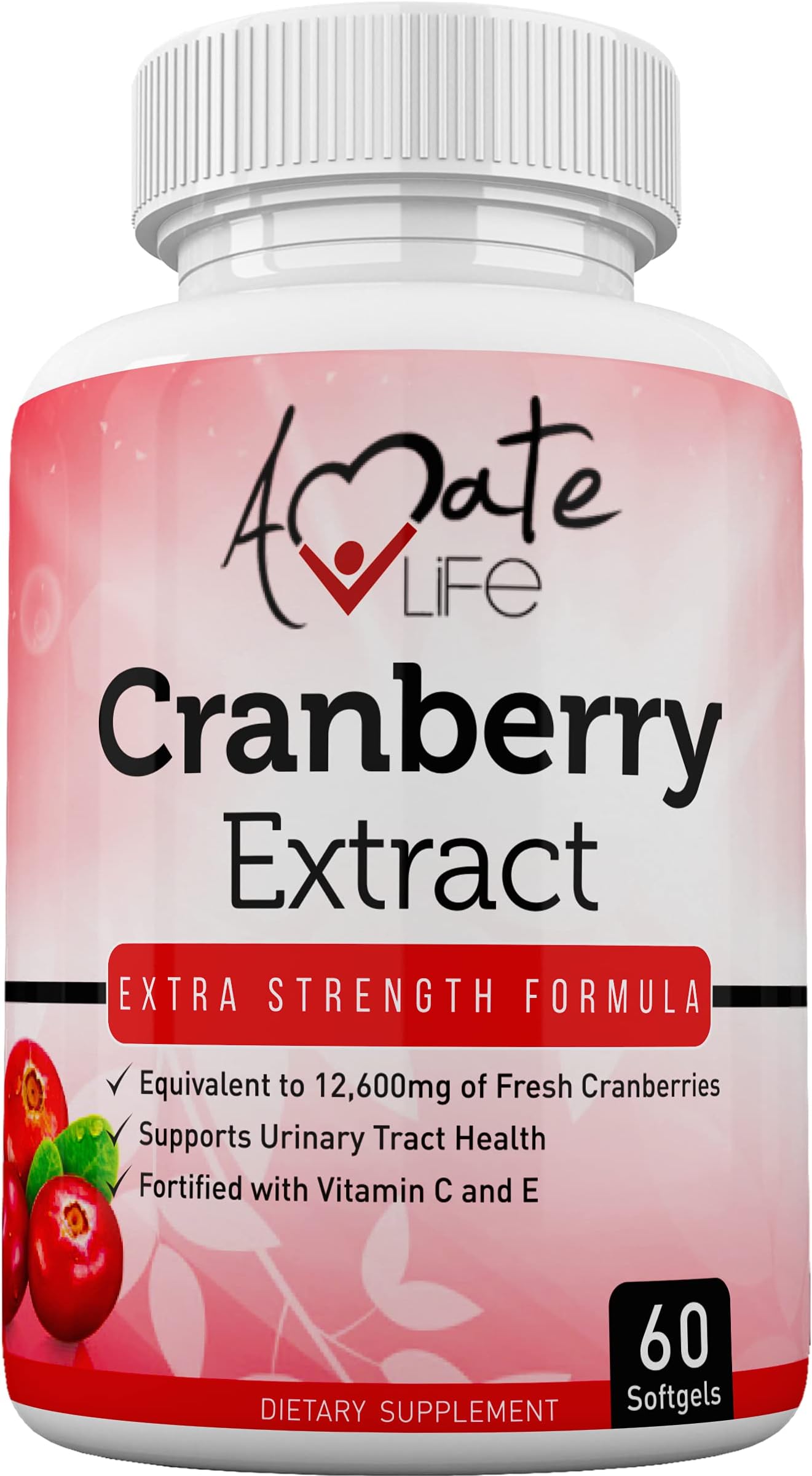 Cranberry Concentrate Pills Supplement Equal to 12600mg of Fresh Cranberries for Urinary Tract Support with Vitamin C & E Promotes Kidney & Bladder Health for Women & Men 60 Capsules- by Amate Life