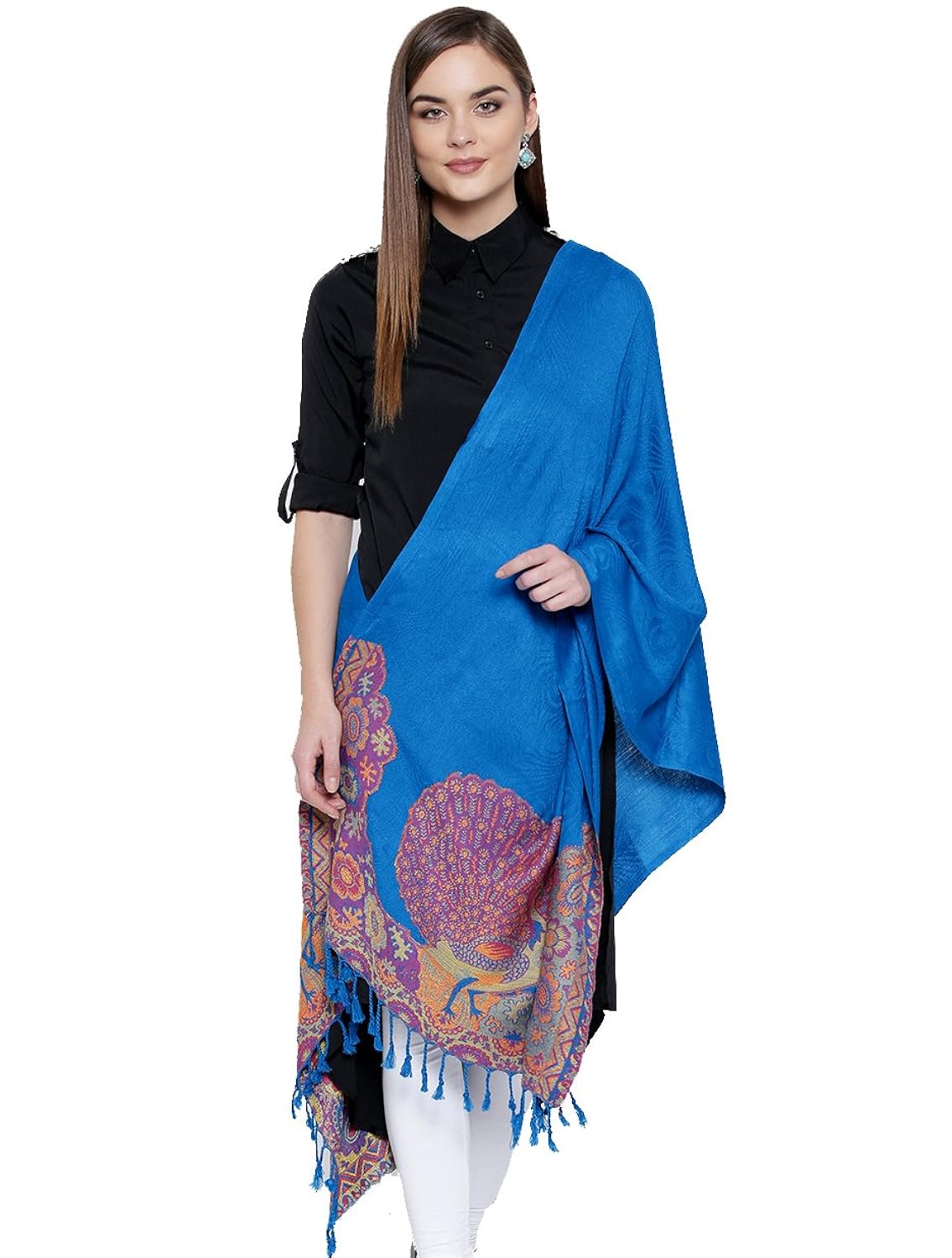 weavers villa soft touch pure viscose royal blue peacock designer stole, scarf