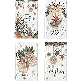 Artoid Mode Beige Xmas Tree Merry Christmas Kitchen Towels Dish Towels, 18x26 Inch Holiday Gloves Ball Hello Winter Decoration Hand Towels Set of 4