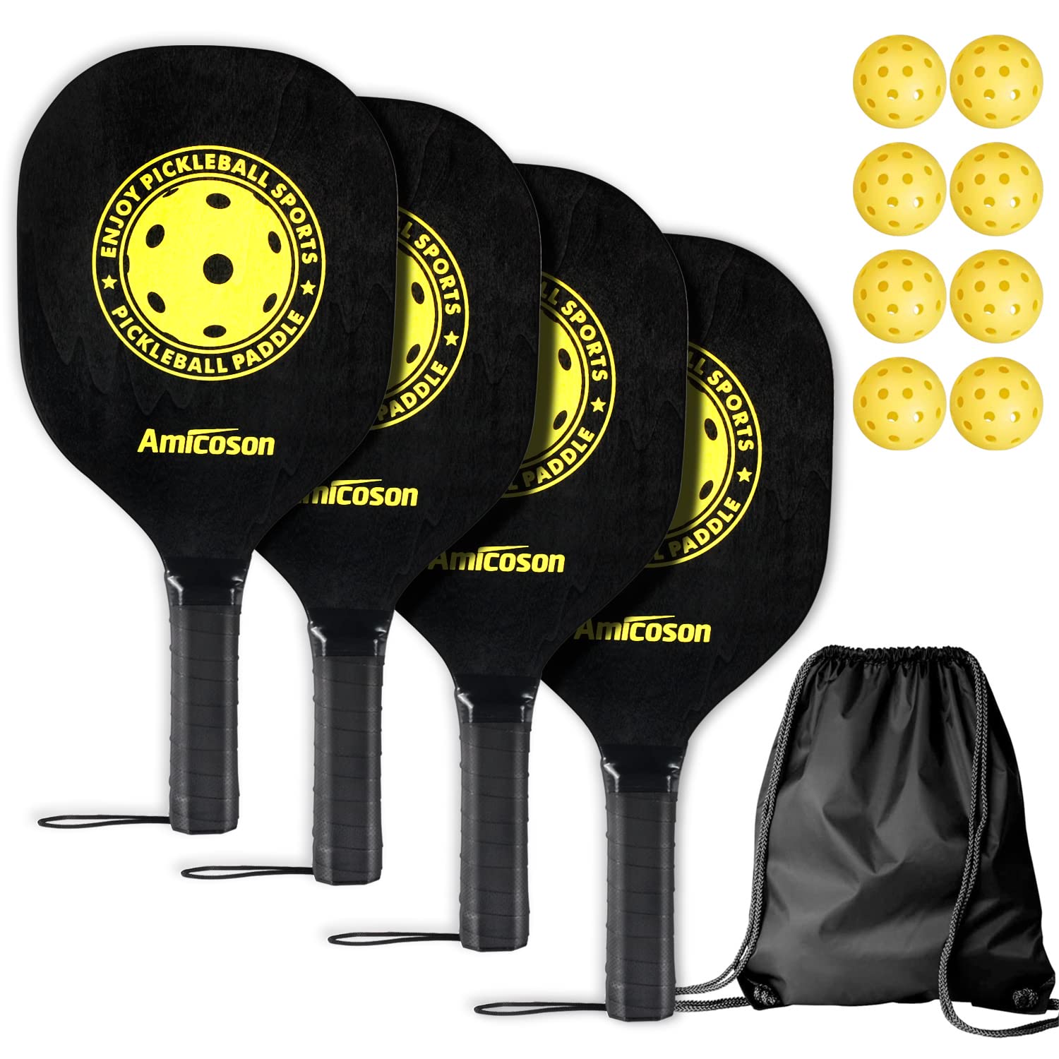 Amicoson Pickleball Paddles Set of 4 Paddle, Outdoor Paddle Racket Wood Ergonomic Cushion Grip, 8 Pickleball Balls & 1 Carry Bag