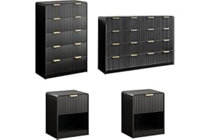 SINROM 4-Piece Bedroom Dresser Set, Fluted 10 Drawer Dresser & 5 Drawer Dressers and Nightstands Set of 2, Chest of Drawers and Night Stand, 4 Pcs Bedroom Furniture Set