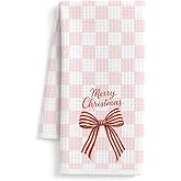 FISWAFY Coquette Bow Christmas Kitchen Towels, Retro Red Xmas Bow Dish Tea Towels, Preppy Pink Checkered Christmas Decorative Hand Towel for Kitchen Bathroom Decor, 16x24 Inch