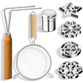 Kundita 7PCS Bunuelos Mold with Handle, Aluminum Rosette Set with 4 Interchangeable Molds (Round, Star, Flower, Large Flower), Includes Stainless Steel Strainer &amp; Sugar Shaker for Kitchen Baking