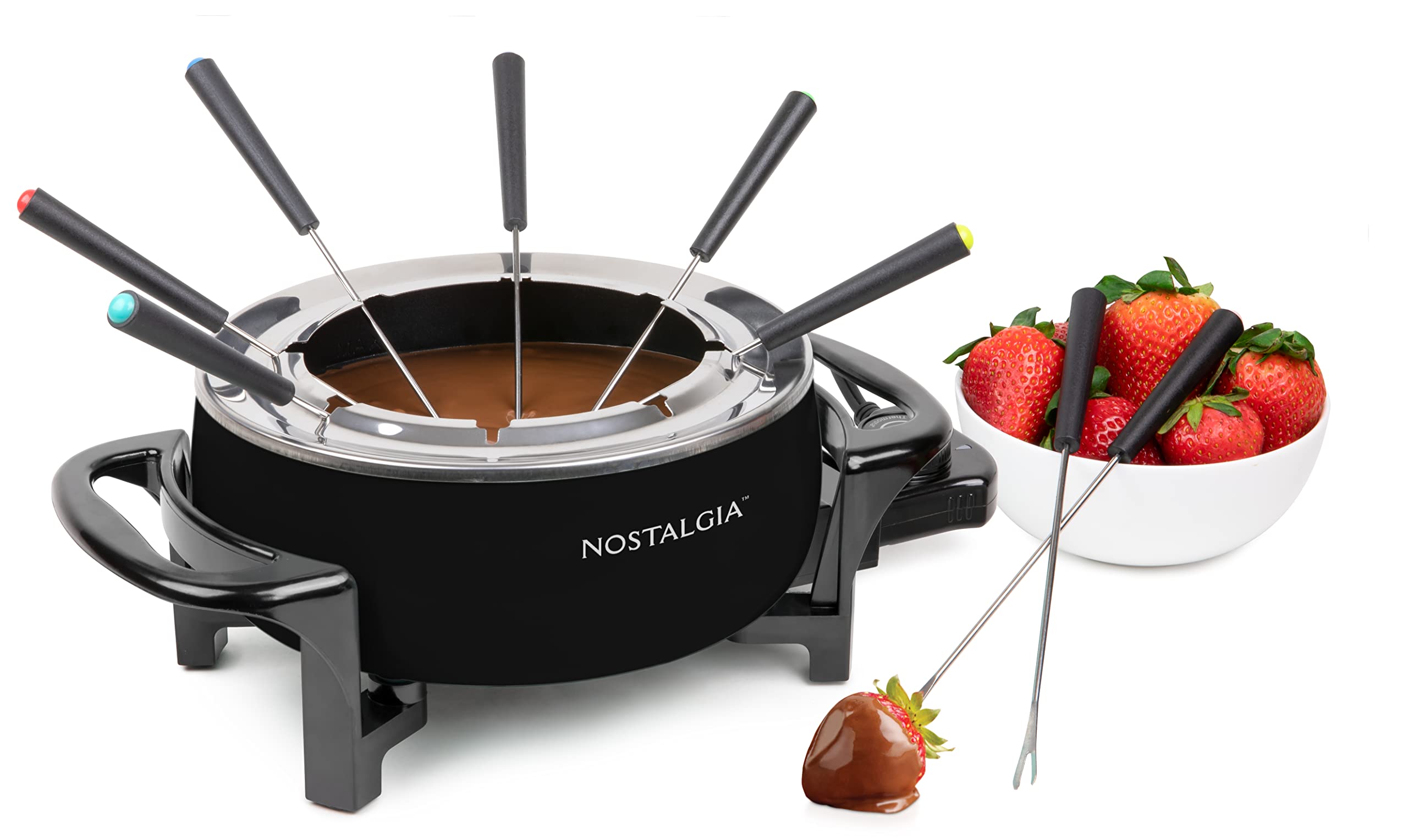 Photo 1 of *Minor Damaged*
Nostalgia 12-Cup Electric Fondue Pot Set for Cheese & Chocolate - 8 Color-Coded Forks, Temperature Control - Stainless Steel Kitchen Gadgets and Appliances for Hors d'Oeuvres and More – Black