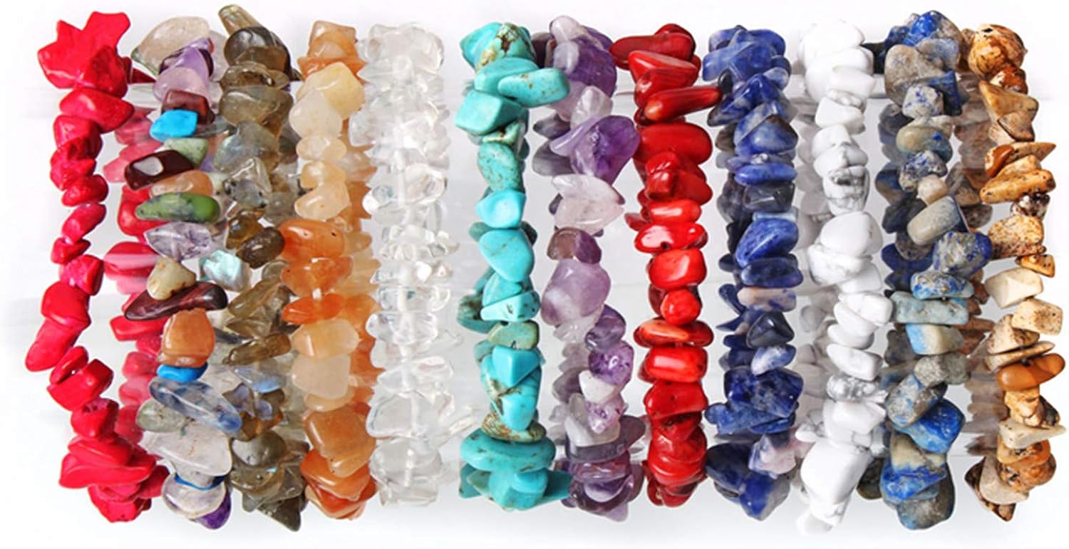 12 Pieces Natural Gemstone Chakra Crystal Chip Bracelets