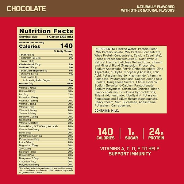 OPTIMUM NUTRITION GOLD STANDARD PROTEIN SHAKE, 24G PROTEIN, READY TO DRINK PROTEIN SHAKE, GLUTEN FREE, VITAMIN C FOR IMMUNE SUPPORT, CHOCOLATE, 11 FL OZ, PACK OF 4 (PACKAGING MAY VARY)