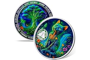 VITALWAY Glow Forest Cat 1 Year Sobriety Coin, Affirmation AA Coins, Tree of Life Addiction Recovery One Year Sober Coin, Celebrating Recovery Anniversary Token, NA AA Sobriety Gifts for Men Women