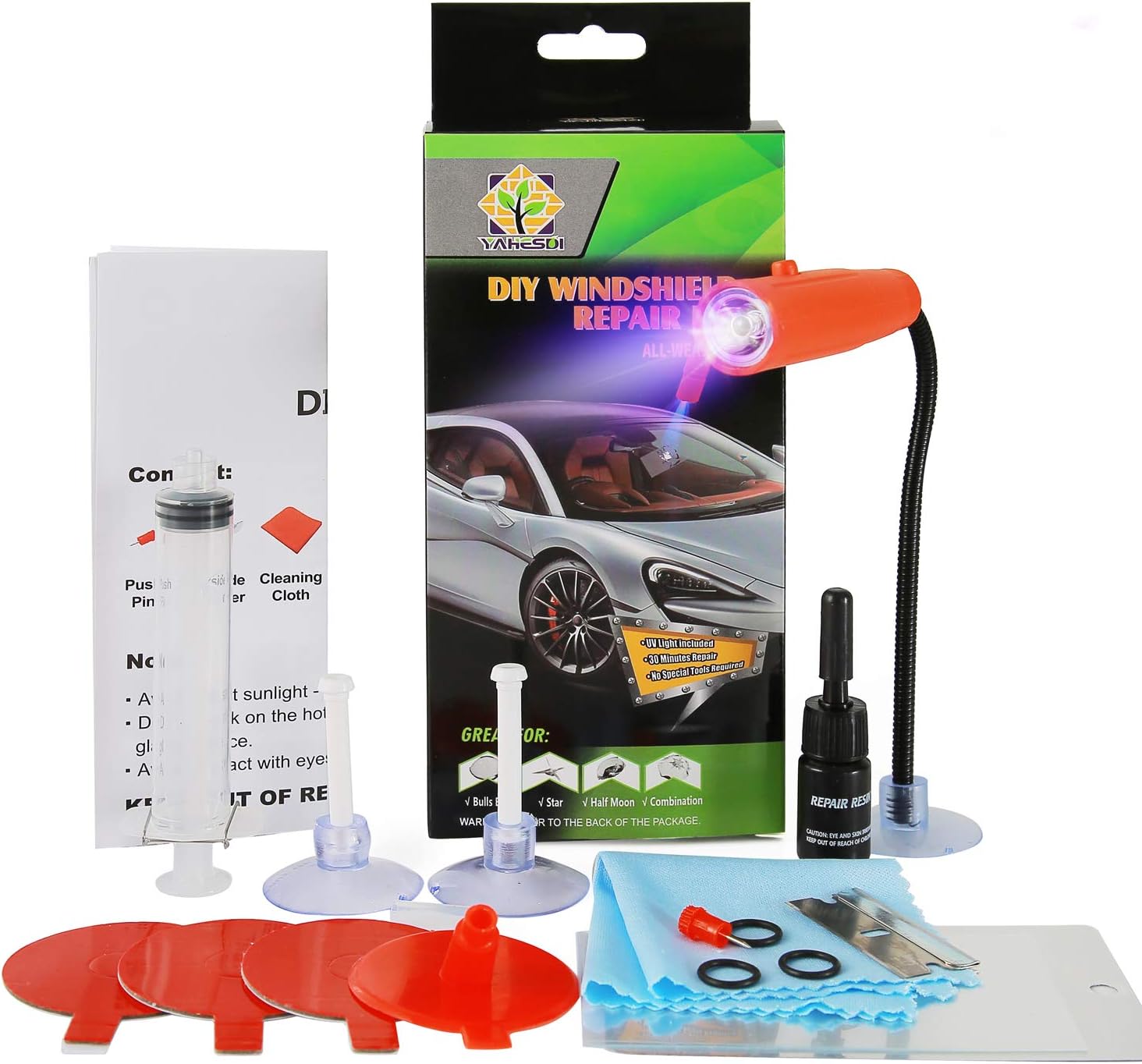 2020 New Upgraded DIY WindScreen Windshield Repair Kit, with UV Curing Light, Quick Fix, Car Glass Repair Tool Set for Half-Moon Cracks or The Combination Cracks