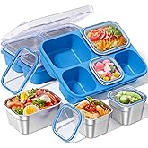 BiuLeon Snackle Box Containers, Stainless Steel 5 Compartments Divided Serving Tray with Lid, Removable LeakProof Portable Bento Box for Fruit Candy Nuts Food - School, Picnic and Travel（Blue）