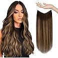 Sunny Wire Hair Extensions Real Human Hair Fish Line Human Hair Extensions Invisible Wire Extensions Dark Brown to Caramel Blonde with Dark Brown Highlights #4/27/4 24 Inch