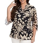 Betu Women's Plus Size Tops 3/4 Ruffle Sleeve Casual Work Mesh Blouses Printed Tunics Shirts