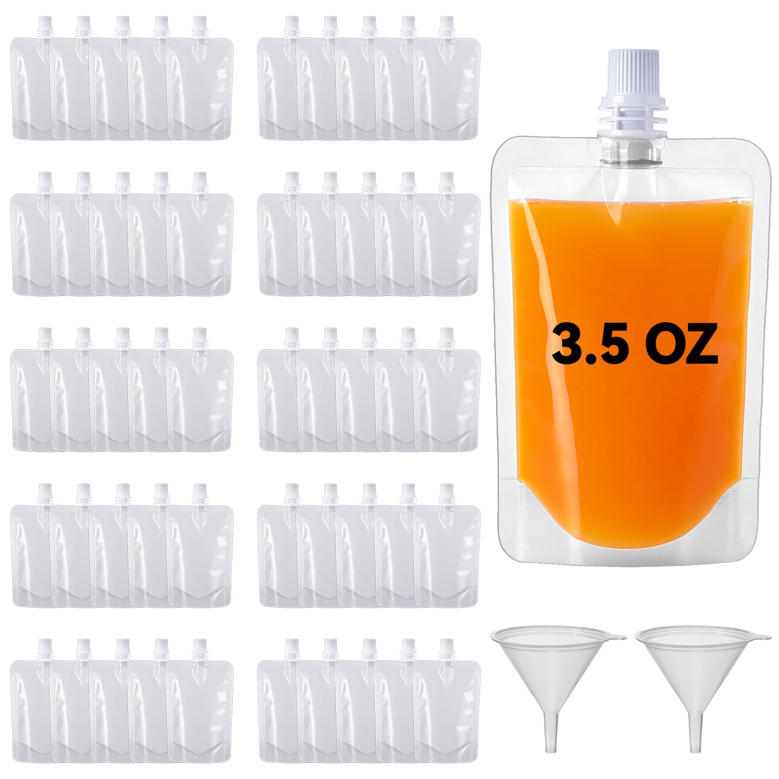 Photo 1 of 100 PCS Portable Plastic Pouches Bulk Reusable Plastic Juice Pouch Clear PET Squeeze Liquid Pouches Leak Proof Water Drink Bags with 2 Foldable Silicone Funnels for Women Men Party Travel, 3.5 Oz