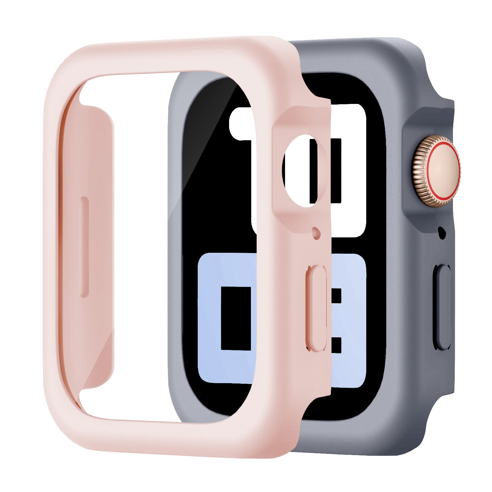 Recoppa compatible for Apple Watch Screen Protector 44mm with Sensitive Slim Tempered Glass，Newest Colorful TPU Cases Protective Covers for iWatch Series Se/6/5/4 BlueGrey/SandPink 44mm 2 pack