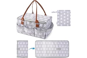 Moteph Diaper Caddy Organizer - Baby Caddy with Lid & Changing Mat, Car Diaper Caddy, Large Nursery Storage Diaper Tote Basket for Changing Table with Zip-Top Cover, Great for Baby Showers - Grey