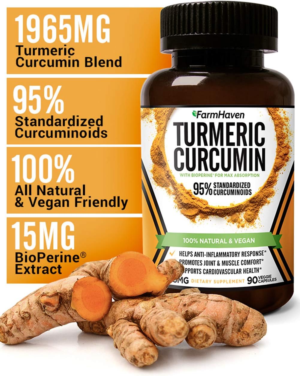 Turmeric Curcumin with BioPerine Black Pepper & 95% Curcuminoids, 1965mg, Maximum Absorption for Joint Support & Healthy Inflammatory Response, Non-GMO Turmeric Capsules, Made in USA - 90 Veg Caps: Health & Personal Care