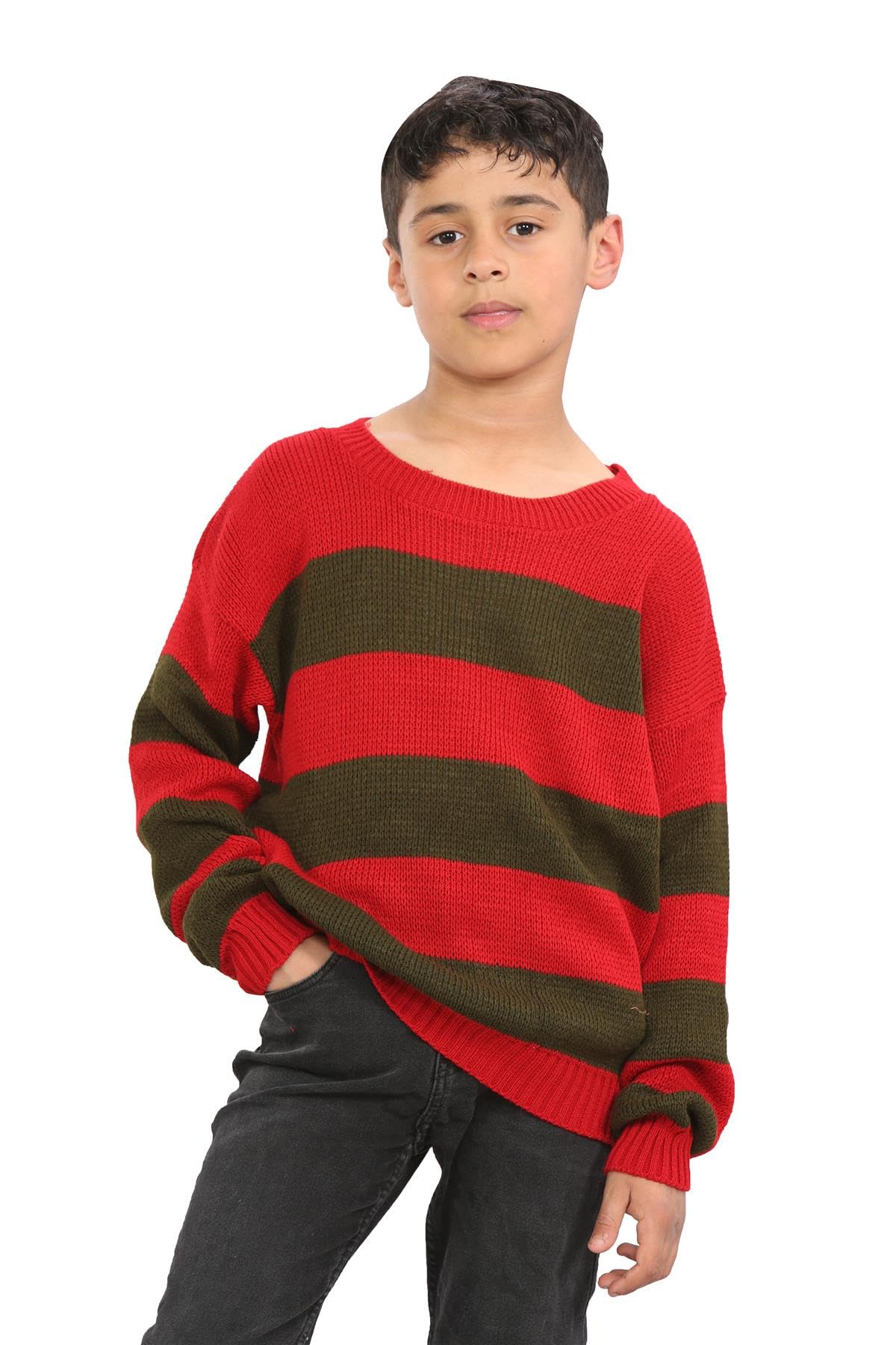 janisramone® Long Sleeve Girls Boys Halloween Jumper, Crew Neck Chunky Knitted Red Green Striped Jumper, Party Kid Halloween Costume