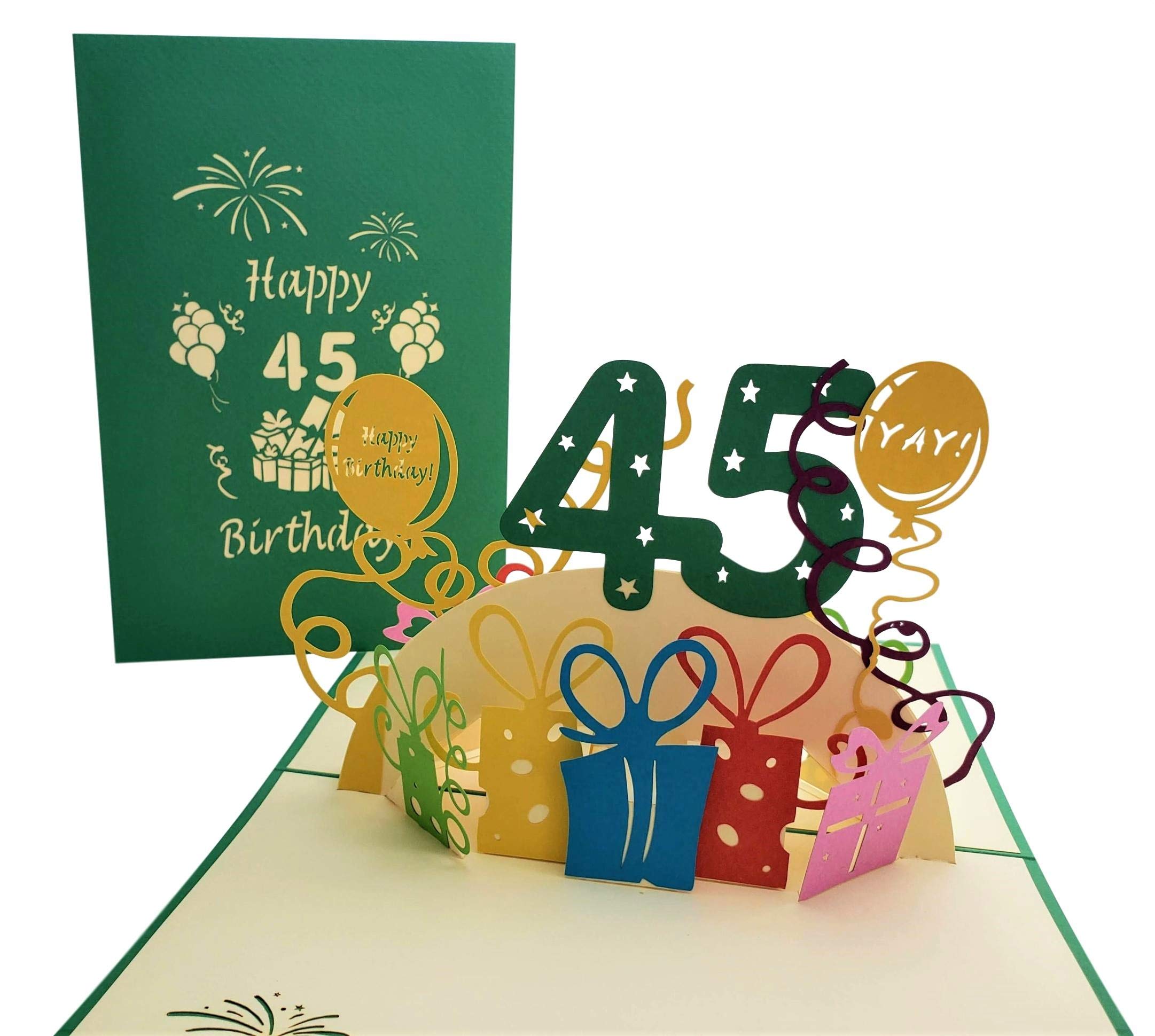 iGifts And Cards Happy 45th Birthday With Lots of Presents 3D Pop Up Greeting Card - Forty-Five, Awesome, Cute, Fun, Unique, Special Occasion, Celebration, Husband, Wife, Best Friend, Congratulations