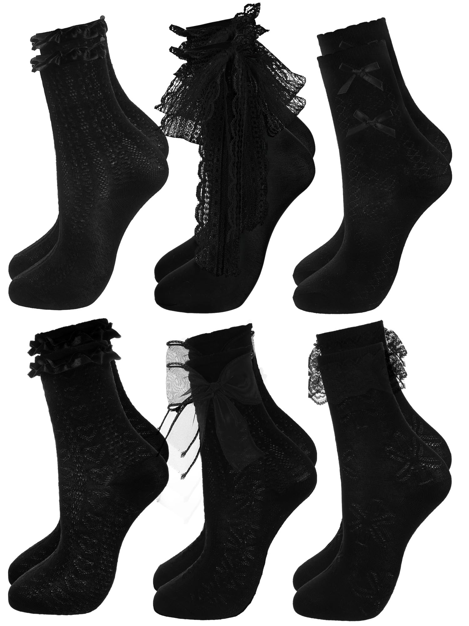 Photo 1 of Fourluoo 6 Pairs Women's Ruffle Ankle Socks - Lace & Frilly Cute Breathable Thin Cool Casual Socks(Black,5-9,Bow Tie)