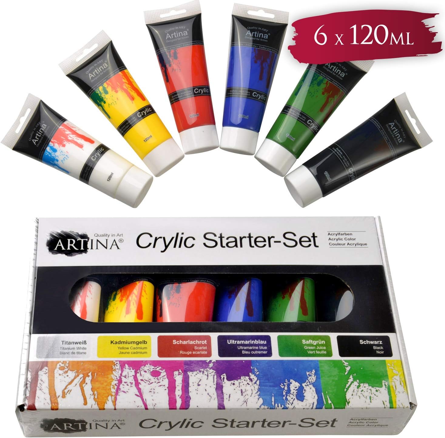 Artina Set da 6 colori acrilici Crylic 6x120 ml pregiati colori per