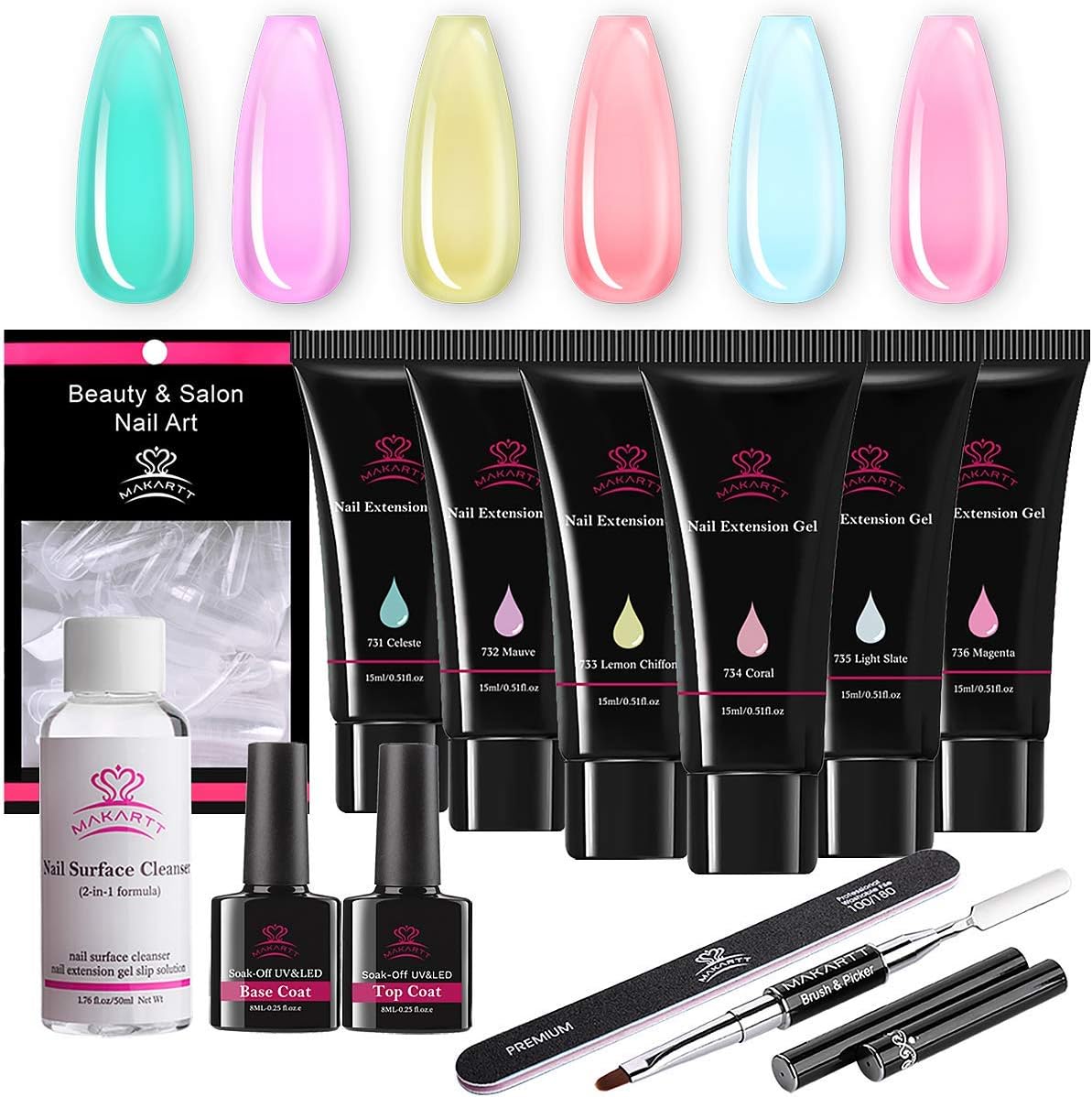 Makartt Jelly Translucent Poly Nail Extension Gel Kit, 6 Pastel Poly