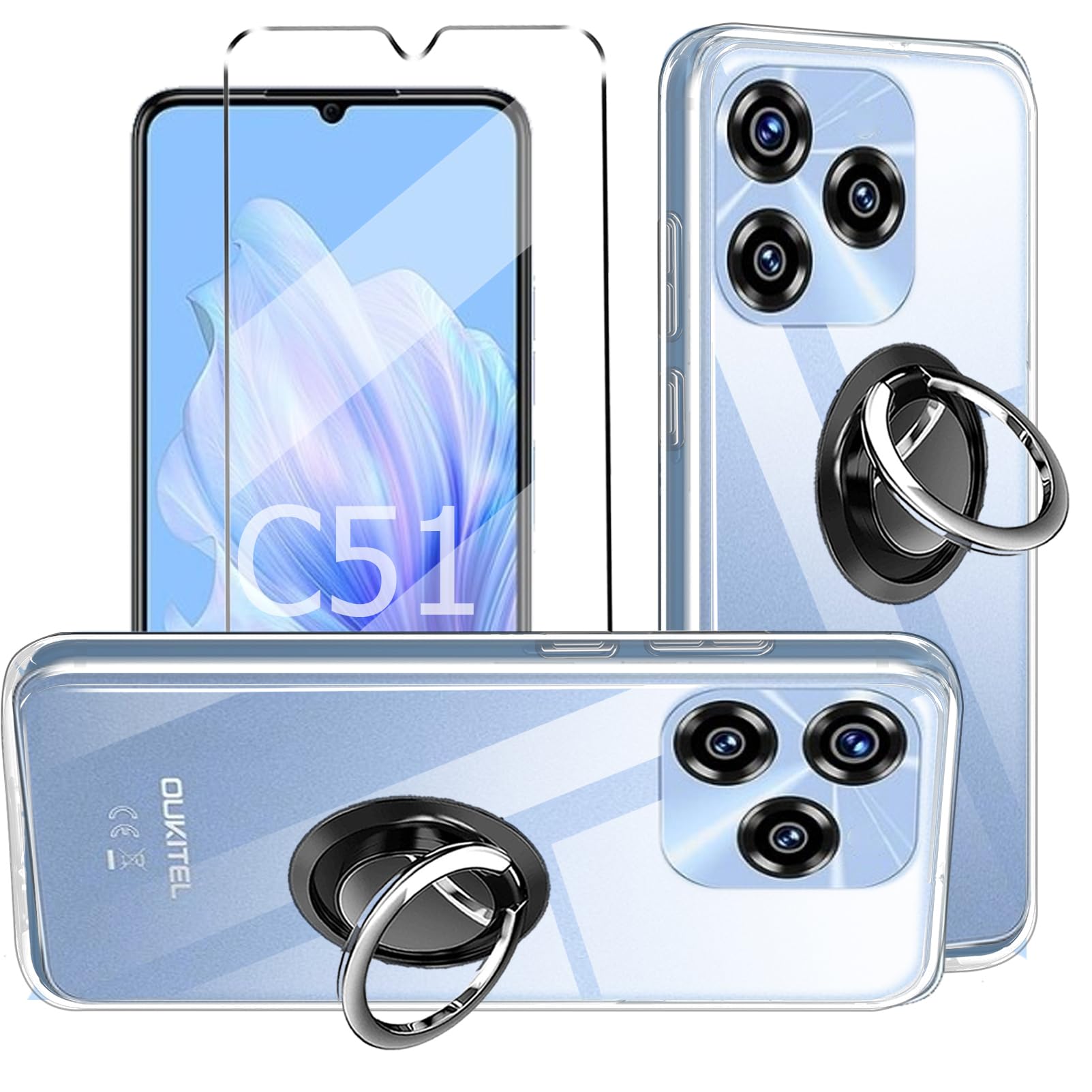 3-in-1 Case + Phone holder Ring Compatible with OUKITEL C51 Cover with 1 Pack Tempered Glass Screen Protector for OUKITEL C51, Slim Fit Soft TPU Shockproof Anti-Scratch Phone Case Cover - Clear